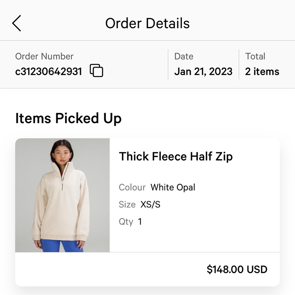 Lululemon Thick Fleece Half Zip XS/S